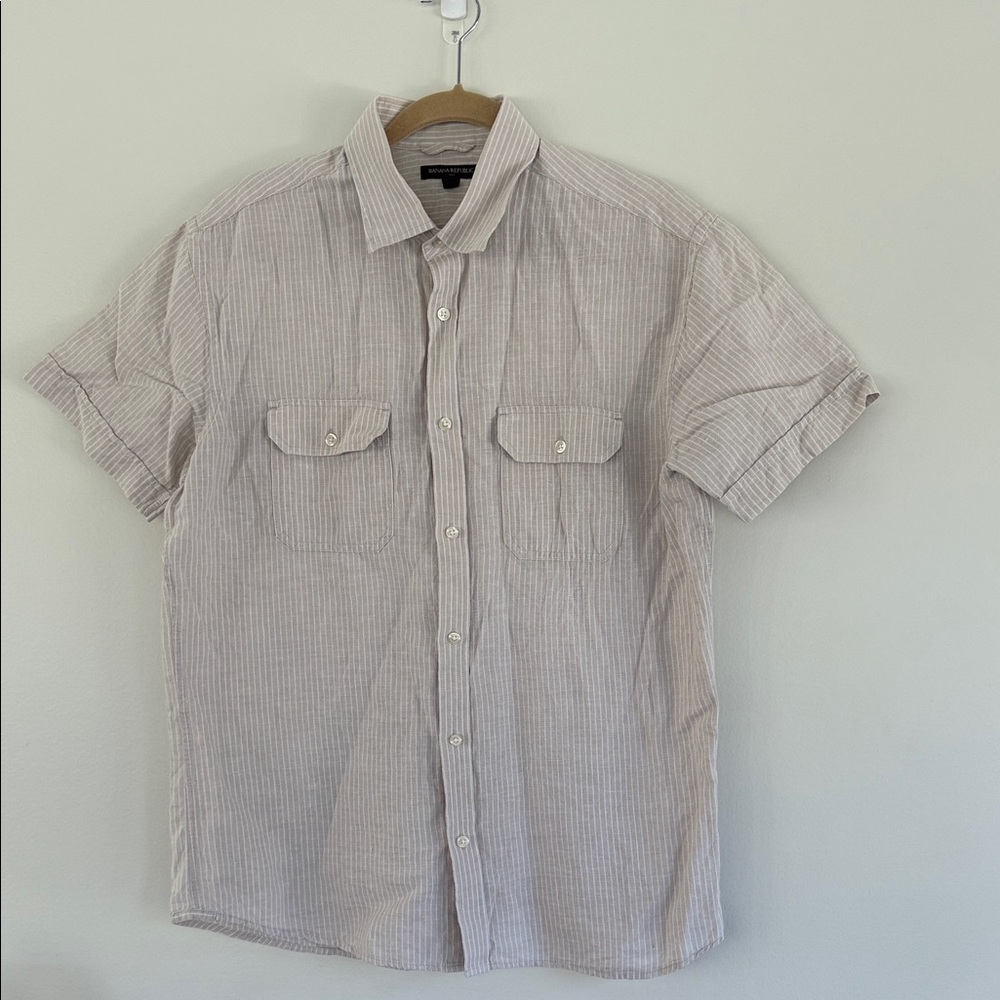 Banana Republic Beige Striped Casual Shirt, Men’s Large, Linen/Cotton Blend